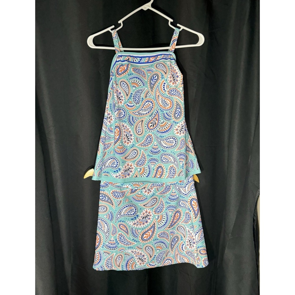 Women's 2-Piece Paisley Tankini Top & Swim Skirt Set L Blue/Green w/tummy cont